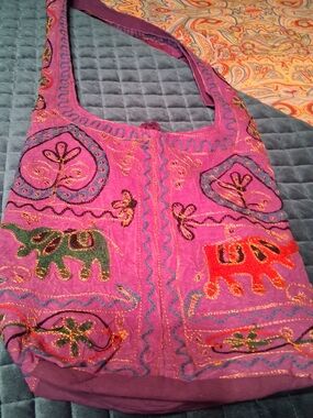 Handcrafted Pink Embroidered Elephant Crossbody Bag